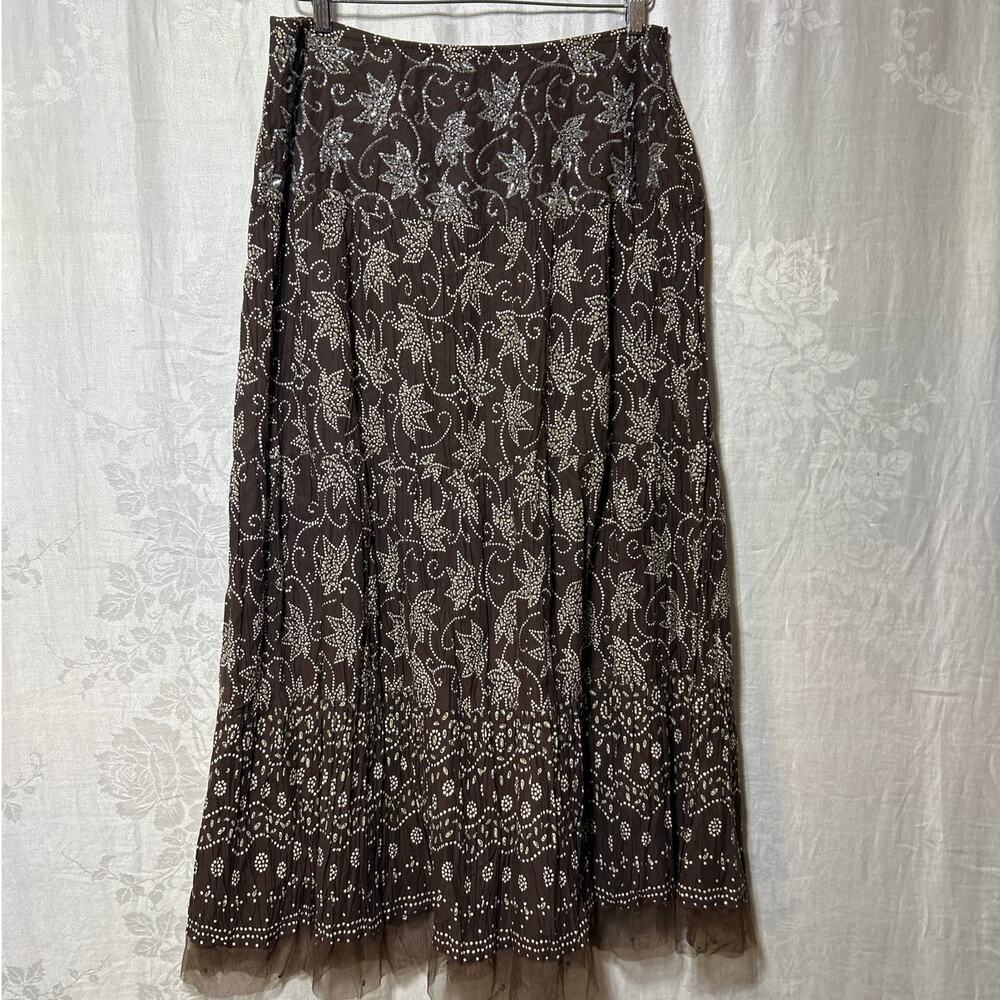Goodclothes Midi Skirt Medium Brown White Floral Beaded Cotton Mesh Boho